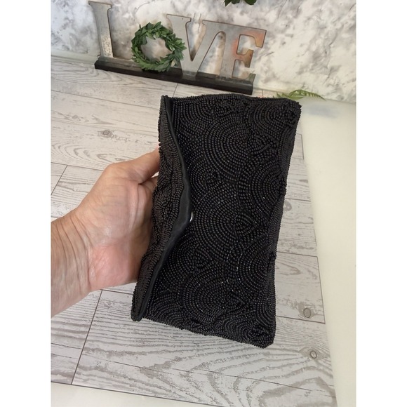 Hato Hasi Black Beaded Vintage Japan Satin Lined Clutch Evening Formal Purse EUC